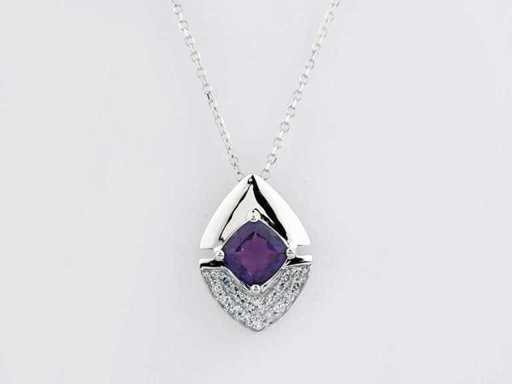 14 KT White Gold Necklace with Pendant With Natural Diamond and Amethyst