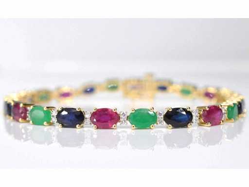 Gouden tennisarmband met diamanten, saffier, robijn en smaragd