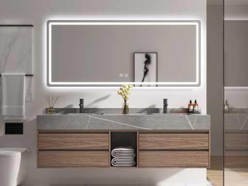 Bathroom furniture 2-person - 120 cm - Wood decor with gray marble sink - Incl. taps 