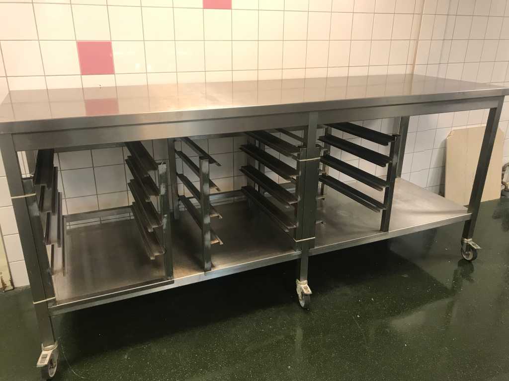 Stainless steel mobile work table including 3 gastronorm racks