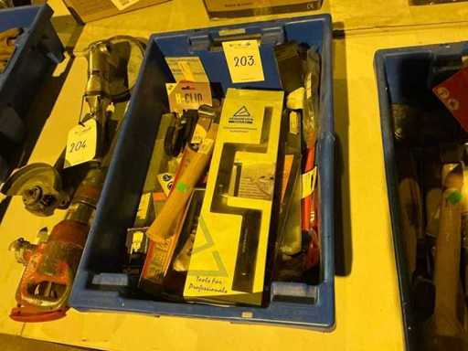 Hand tools in plastic crate