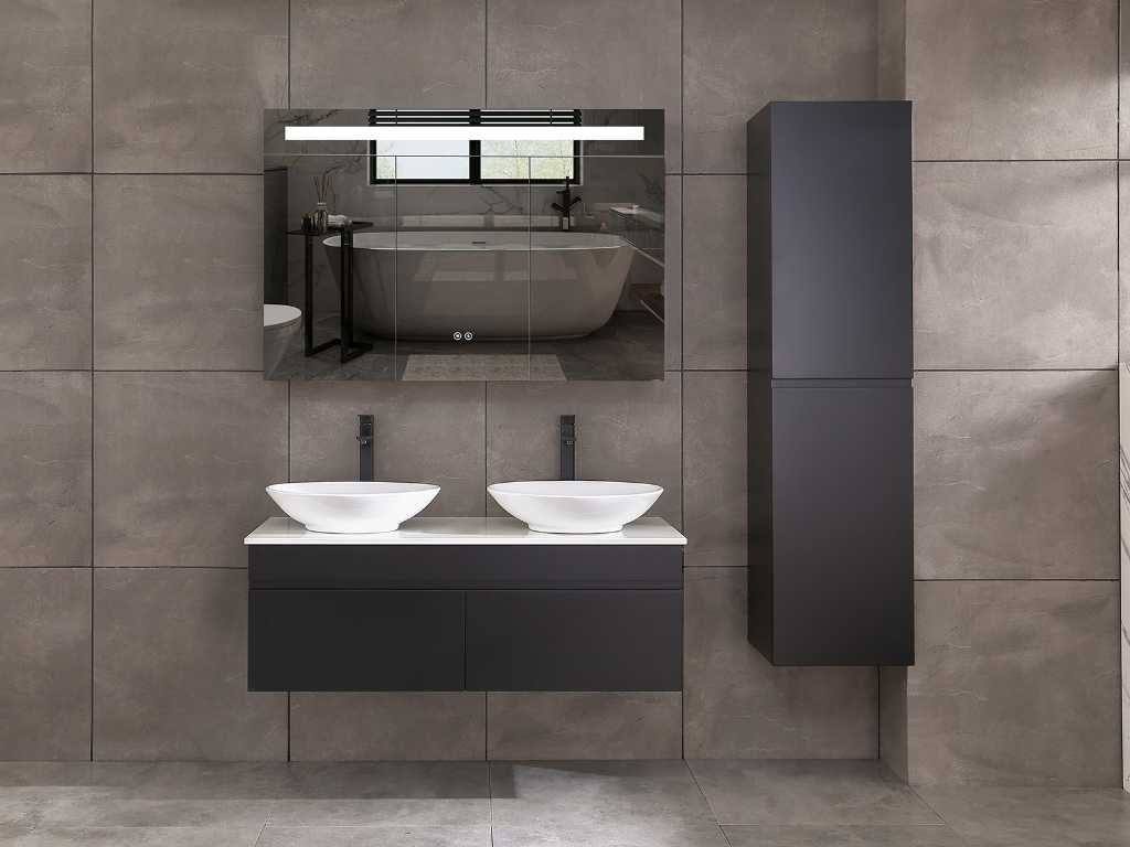 Meuble de salle de bain 2 personnes 120cm avec armoire de toilette et (meuble suspendu) noir mat