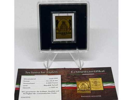 Or 999 (1/500 oz) – Billet commémoratif en feuille d’or CFA Hunting Lodge Granitz de 3 000 francs (République du Tchad), 16 × 22,4 mm.