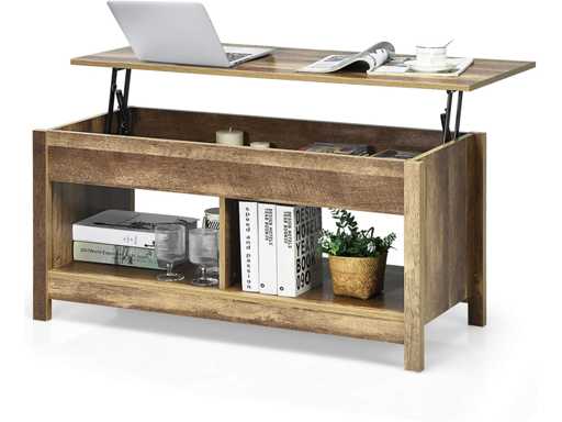 Raised Wooden Lift-Up Coffee Table with Hidden Compartment