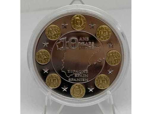 Cuivre argenté avec plaquage partiel en or – pièce commémorative de 10 euros espagnols, diamètre de 40 mm.