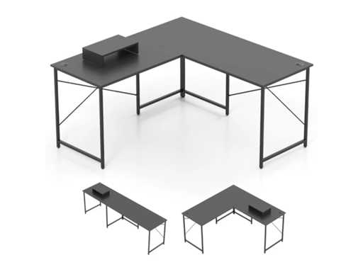 Bureau d'angle en L réversible, avec station de recharge pour ordinateur, gris