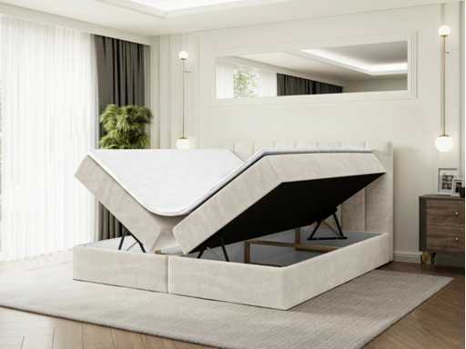Lit boxspring 200x200 -matelas - surmatelas - coffre - velours beige