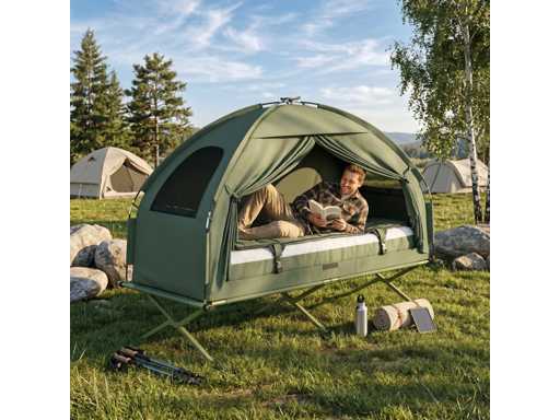 4 in 1 Raised Tent with Foldable Camping Bed + Sleeping Bag + Air Mattress + Pump