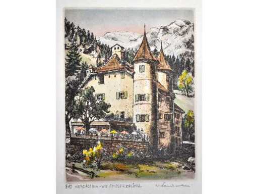 Wilhelm Landsmann - Bad Hofgastein Weitmoser Schlössl - hand coloured etching 