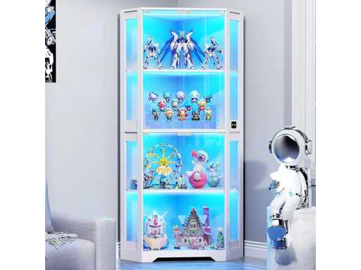 Corner display cabinet with glass doors, illuminated display case 165 cm