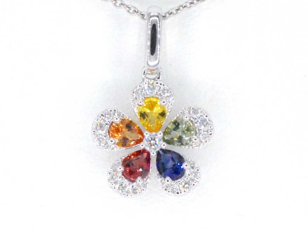 Witgouden hanger in bloemvorm met diamanten en multi colour saffieren