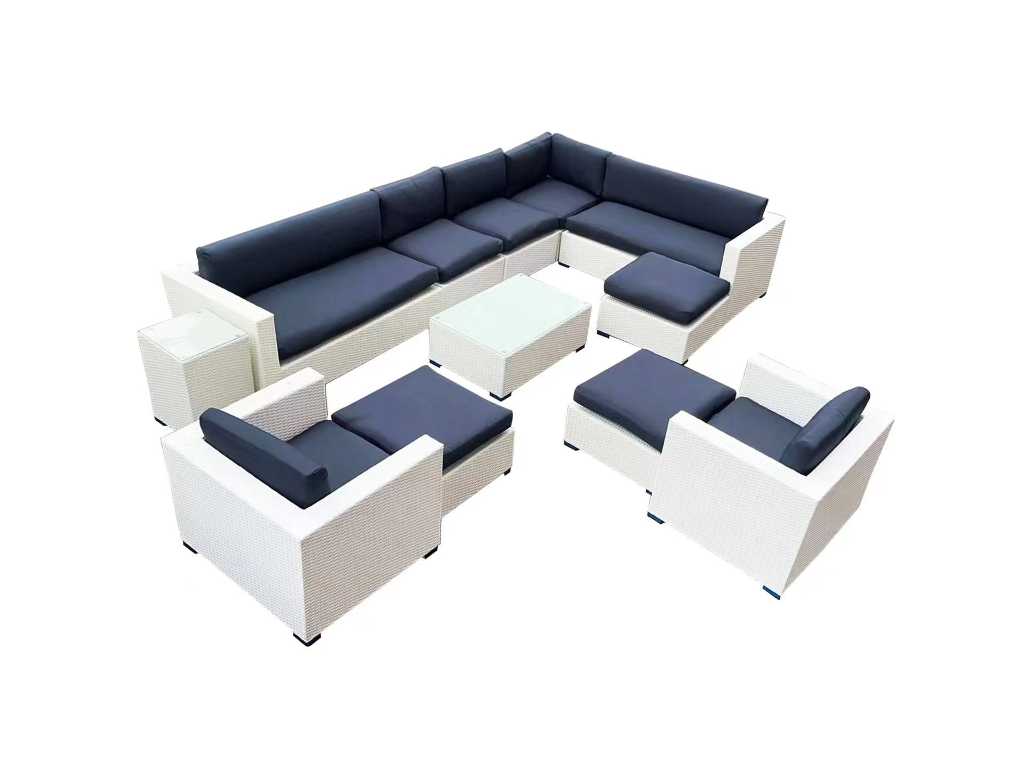 Lounge-Set 12-teilig Weißes Korbgeflecht / blaue Kissen