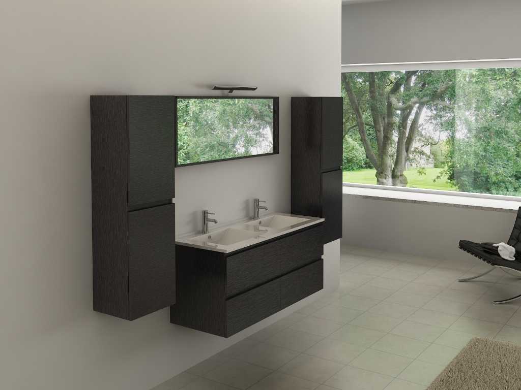 Meuble de salle de bain 2 personnes 120cm noir - décor bois - Robinetterie incluse