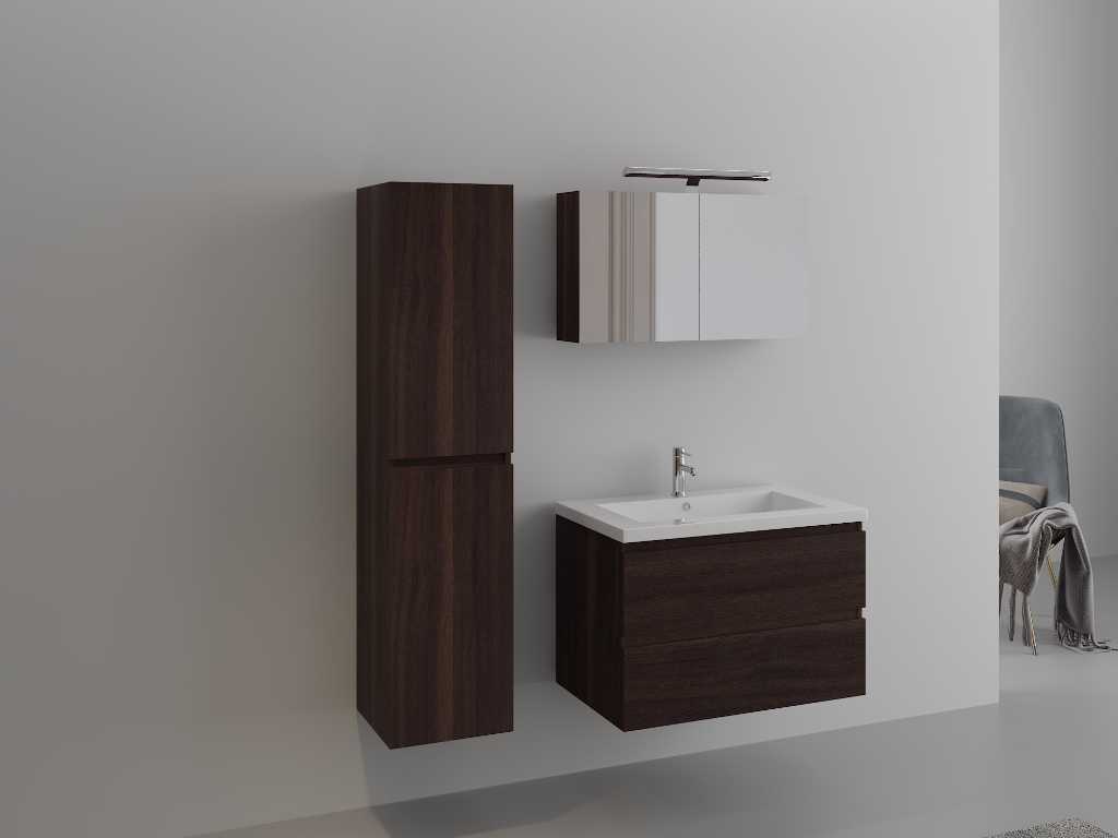 Meuble de salle de bain 1 personne 80 cm décor bois foncé - Robinet inclus