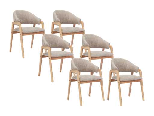 Set van 6 stoelen met armleuningen in badstof en rubberhout - taupe en natuurlijk
