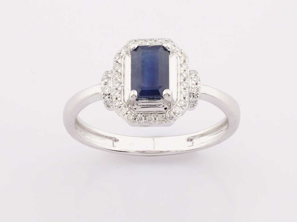 Bague en or blanc 18 carats avec diamant naturel et saphir bleu