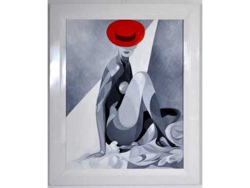 Pierre Dailles - Woman with Red Hat - oil on canvas - 92x73 cm