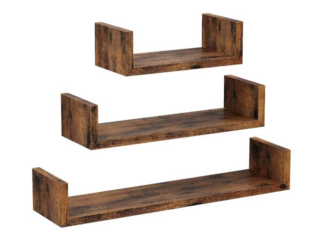 MIRA Home - Wandplank hout - Wandplank zwevend - 3 Stuks - Vintage - Hout/Metaal - Donkerbruin - 67x21.6x20.6