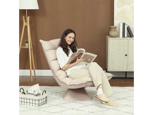 Lazy floor armchair, reclining design relax armchair, adjustable backrest, 360° swivel, beige linen upholstery