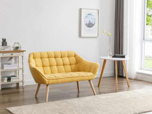 Canapé 2 places en tissu jaune moutarde
