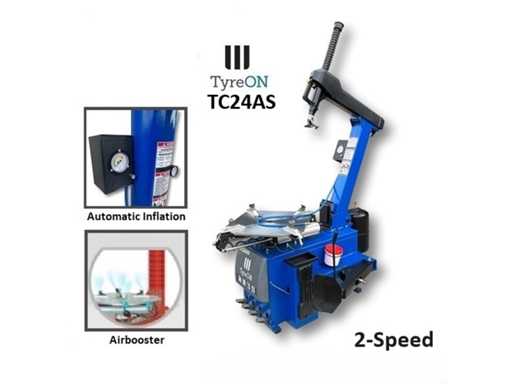 TyreON TC24AS heavy-duty banden demonteermachine met kantelende kolom en dubbele airbooster in de spanklauwen