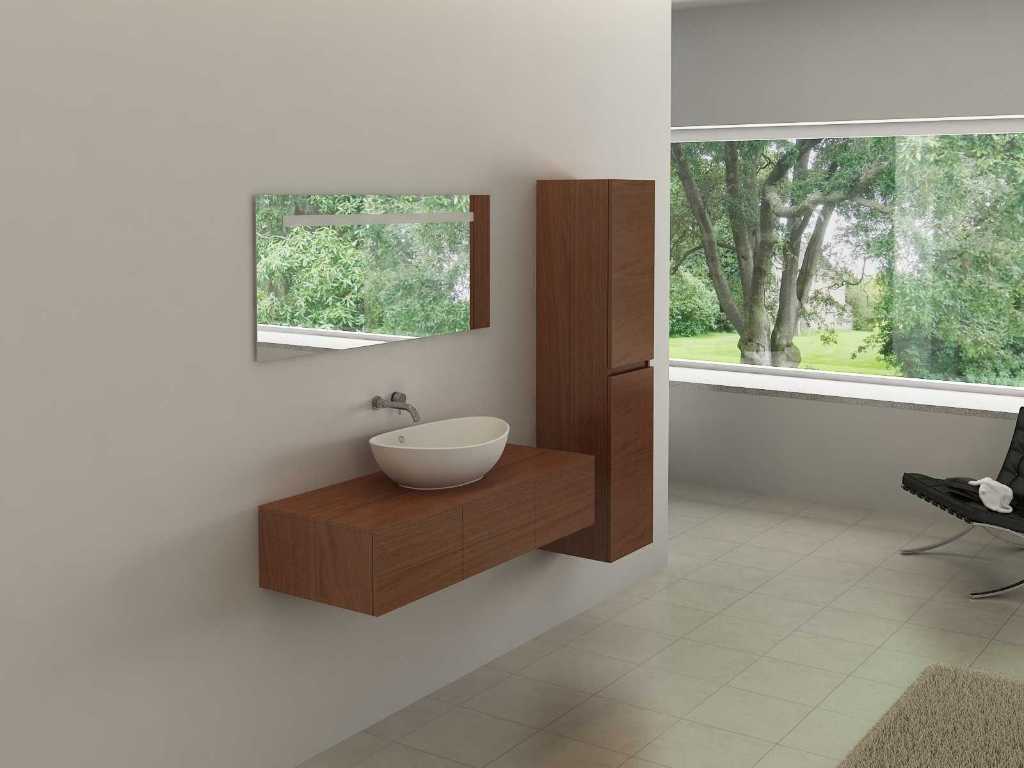 Meuble de salle de bain 1 personne - 1 meuble latéral - Décor bois brun/rouge. AFM. 1200x470x250mm