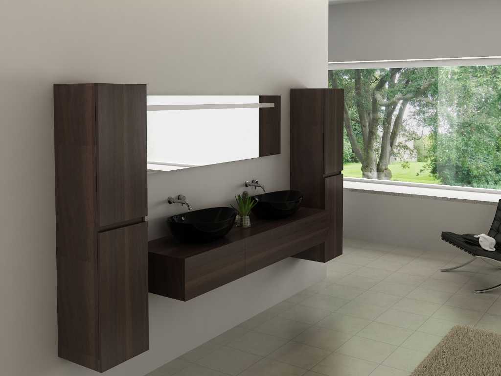 Meuble de salle de bain pour 2 personnes 180 cm décor bois foncé - Robinetterie incluse