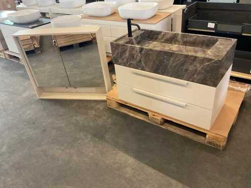 Mobili da bagno con lavandino in pietra naturale e armadietto a specchio 60 cm