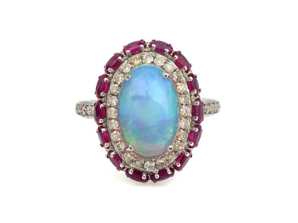 (Certified) Ring With Natural Opal, Ruby And Diamonds 5.54g