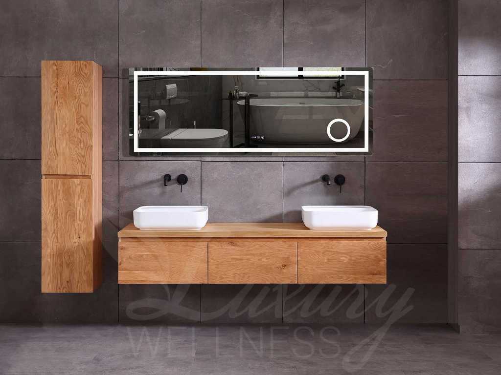 Meuble de salle de bain en chêne 2 personnes 180cm (naturel ou blanc délavé ou gris fumé) avec (meuble suspendu) et miroir LED