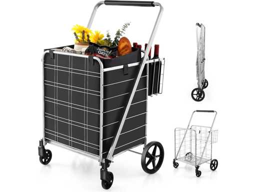 Foldable supermarket trolley with wheels