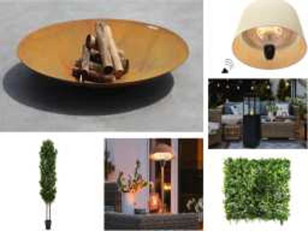 Fire bowls, artificial plants, light chains and furniture