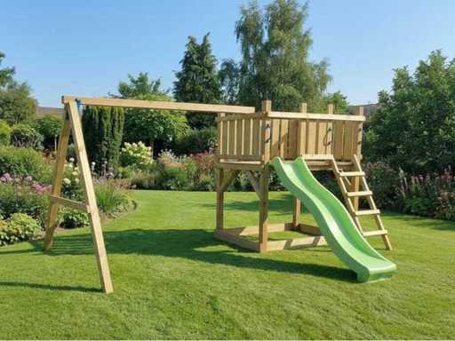 Torre da gioco indipendente con altalena e scivolo 410x300x200 cm