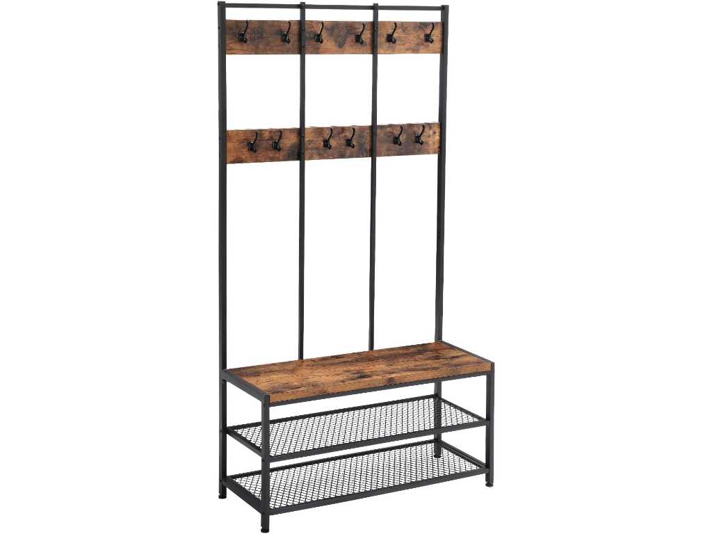 MIRA Home XXL Wardrobe rack - Coat rack with bench and shoe rack - 12 hooks - Industrial - Vintage - Brown/black - 100x40x186