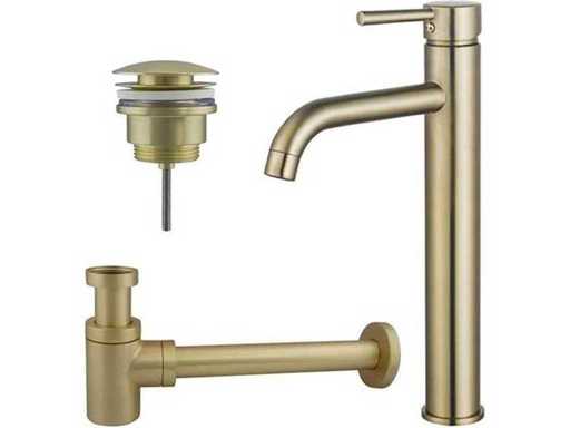 Jeu de robinet de lavabo - robinet de lavabo surélevé - bouchon d’évacuation à clic - siphon de design abaissé - PVD en laiton brossé (or)