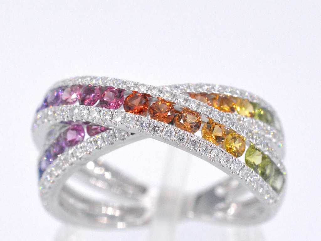 White gold ring with diamonds and multicolour sapphires