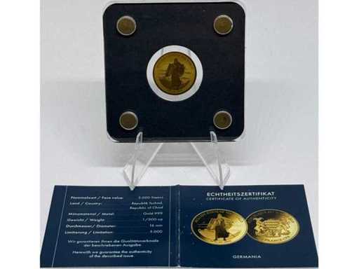 Aur 999 (1/500 oz) – monedă de lingouri Germania de 3.000 franci CFA (Republica Ciad), diametru de 16 mm.