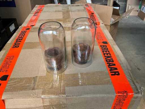 Fair-Trade-Teelichthalter mit transparentem Glas/Holz +/- 15 hoch (130x)