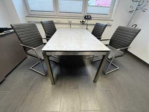 Hochwertiger Konferenztisch mit 4 Schwingsesseln, gebürstetes Edelstahl