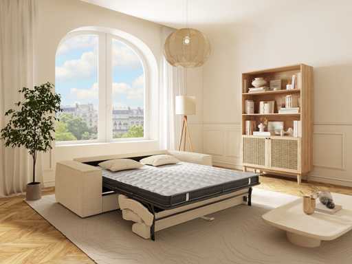 Canapé 3 places convertible express en velours côtelé beige - Couchage 140 cm - Matelas 13 cm avec mémoire de forme
