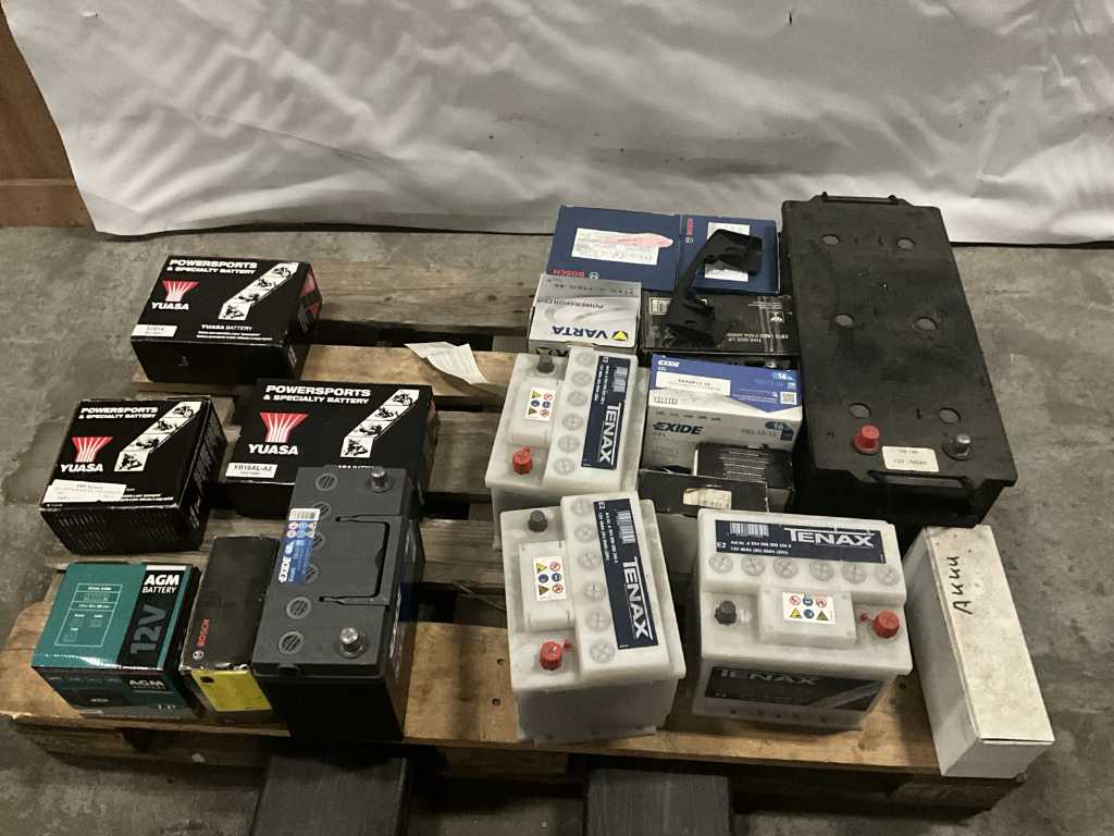 Batteries of various types, including Bosch and Yuasa