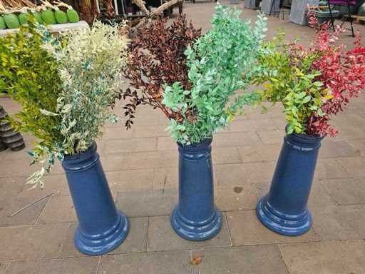 Set di 3 vasi in terracotta smaltata con fiori artificiali - blu