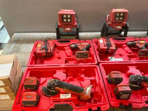 Set de unelte fără fir Hilti b.u.: polizator unghiular, burghiu și lumină de construcții în caz