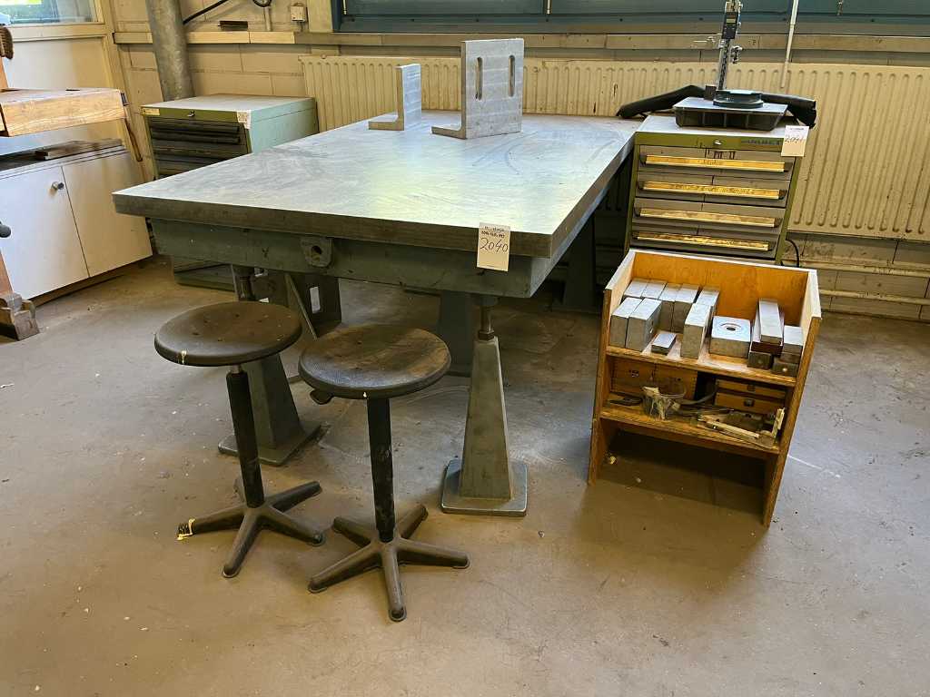 Welding table with chairs and small cabinet