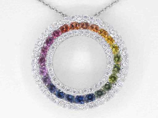 Pendentif en or blanc avec saphirs multicolores et cercle de diamants
