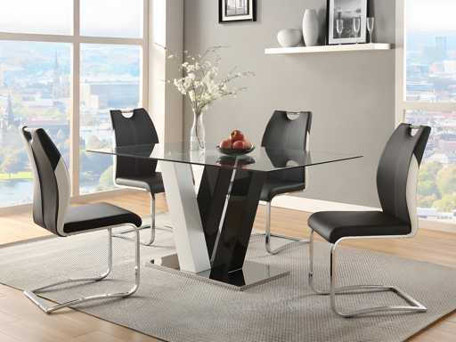 Set of 4 Chairs - Black & White Imitation - Chrome Metal Legs