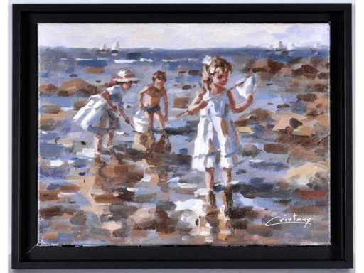 Francis Cristaux  – Un dimanche à la plage - olie op doek - 30x40 cm