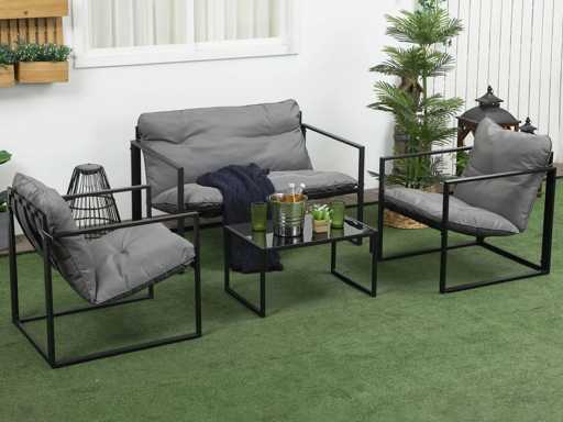 Tuinmeubilair, 4 kamers voor 4 personen met een 2-persoons bank, 2 fauteuils en 1 grijze salontafel