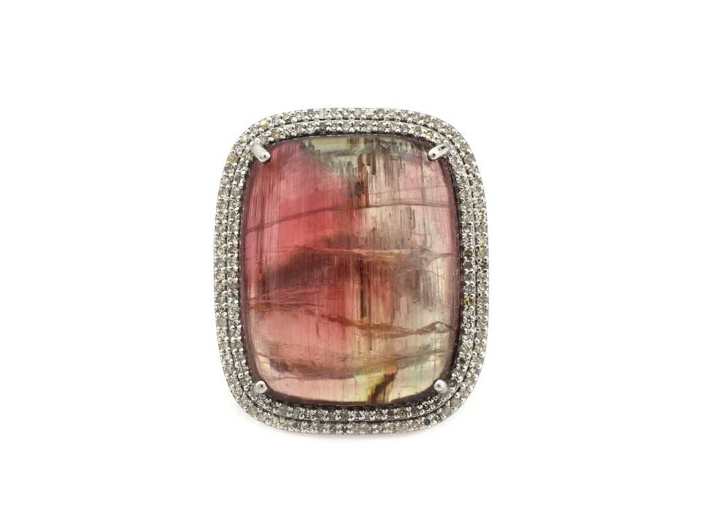 (Certified) Ring With Natural Tourmaline And Diamonds 7.85g