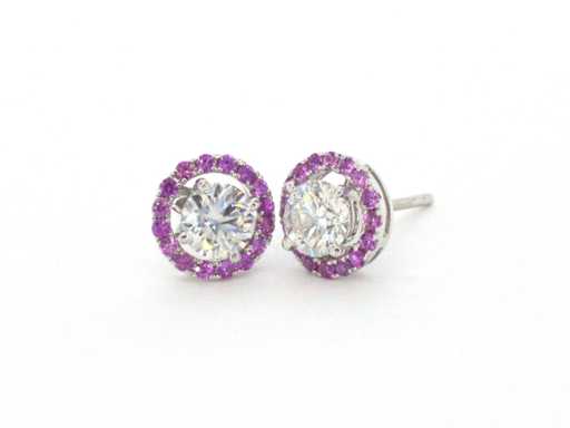 Witgouden oorbellen met diamanten en roze saffieren